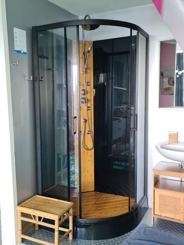 une douche en verre dans une salle de bain avec un lavabo dans l'établissement Nénuphar, à Autun