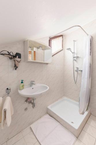 a white bathroom with a sink and a shower at Bed and Breakfast Mili Vrh in Kamnik