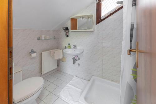 La salle de bains blanche est pourvue de toilettes et d'un lavabo. dans l'établissement Bed and Breakfast Mili Vrh, à Kamnik