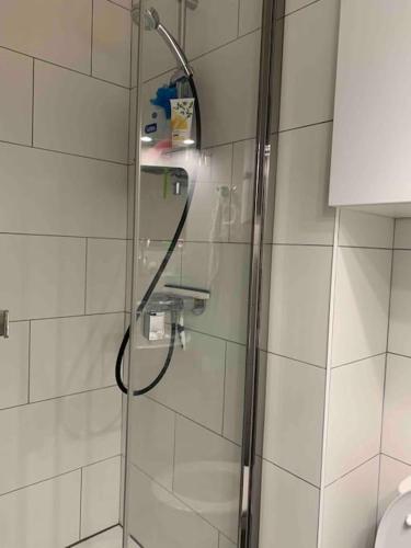 une douche avec une porte vitrée dans une salle de bain dans l'établissement Appartement de charme à proximité des puces, à Saint-Ouen
