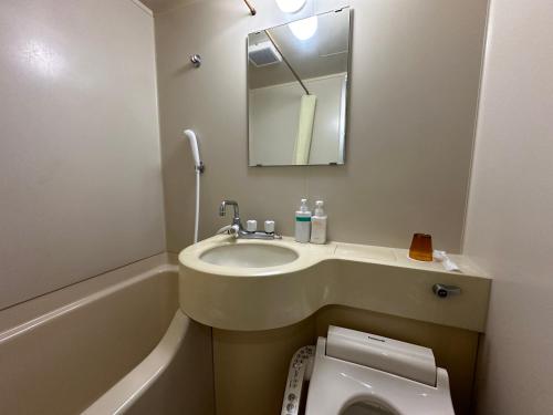 y baño con lavabo, aseo y espejo. en Business Hotel Ishimura, en Mibu