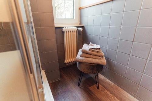 a bathroom with a towel rack and a radiator at Der Kurgarten in Bad Dürrheim