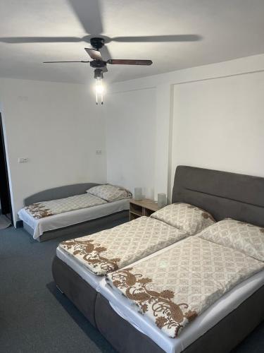 2 łóżka w pokoju z wentylatorem sufitowym w obiekcie Penzión Vilo w Bratysławie