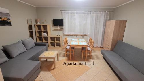 a living room with a couch and a table at Apartament Rybacka 84m1 in Krynica Morska