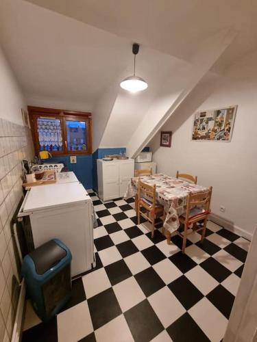 - une cuisine avec un sol en damier noir et blanc dans l'établissement Appartement centre-ville (Chez Antoine), à Colmar