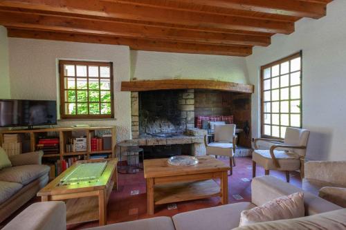 un salon avec une cheminée et un canapé dans l'établissement Savoielac - Lac d'Annecy - Sévrier - Bord de lac : Villa Poisson Rouge, à Sévrier