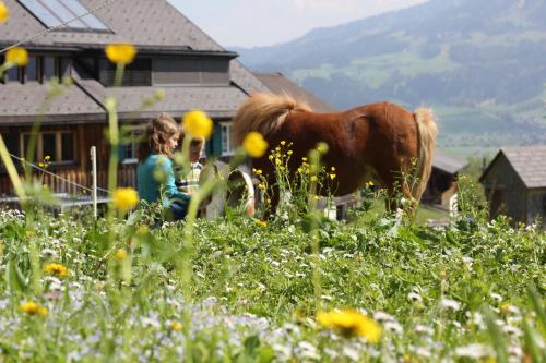 a woman standing next to a brown horse in a field at Bio Ferienbauernhof Greber in Schwarzenberg im Bregenzerwald