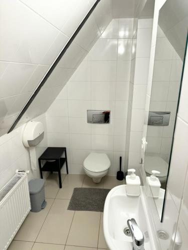 a white bathroom with a toilet and a sink at Villa Vincentów in Myślenice