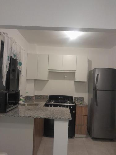 a kitchen with white cabinets and a stainless steel refrigerator at Res Quintas Palmeras IV in Santiago de los Caballeros