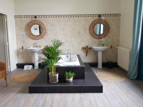 a bathroom with two sinks and a tub with plants at Domaine de l'Oie Rouge in Les Rosiers