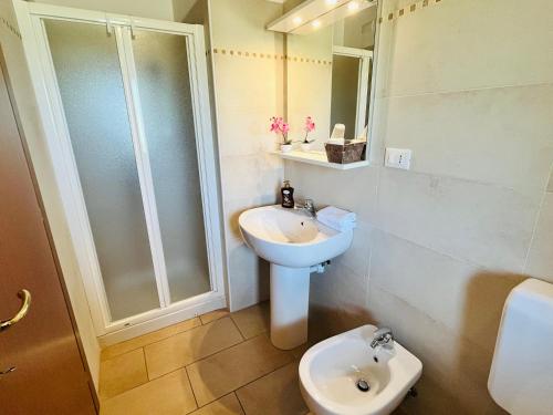 a bathroom with a sink and a shower and a toilet at Agriturismo Luis Gianni in Cividale del Friuli