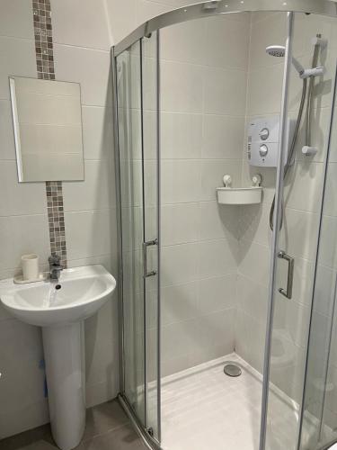 uma casa de banho com um chuveiro e um lavatório. em Cosy One Bedroom Apartment Ballsbridge em Dublin