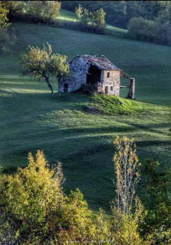 an old stone barn in a field of grass at La Casa della Lavanda in Borgo Adorno
