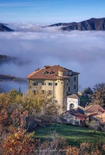 a building on top of a hill with a body of water at La Casa della Lavanda in Borgo Adorno