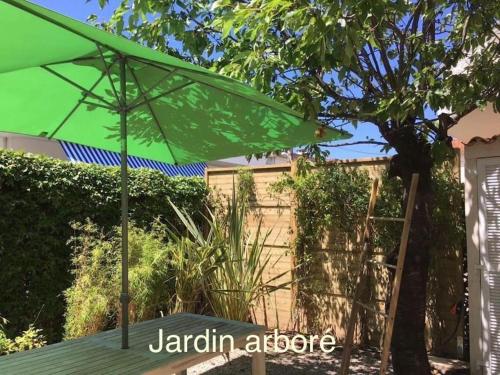 un parasol vert assis au-dessus d'une table dans l'établissement Villa Butterfly - Jardin - Plage 400m, à Juan-les-Pins