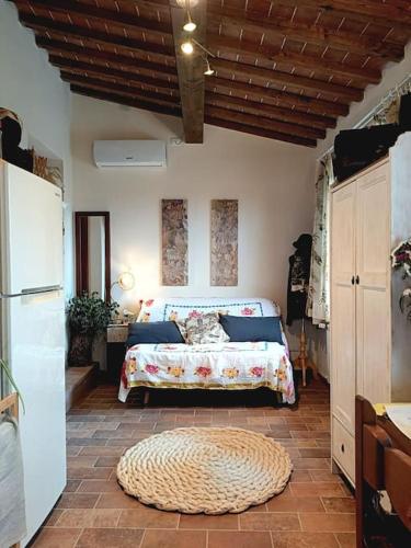ein Schlafzimmer mit einem Bett und einem Teppich auf dem Boden in der Unterkunft Casa Dell'Arte Botanica in Palaia
