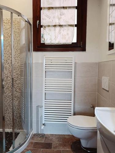 a bathroom with a toilet and a shower and a sink at Casa Dell'Arte Botanica in Palaia