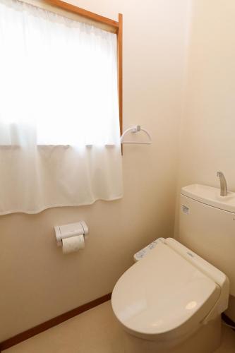 a bathroom with a white toilet and a window at 1日1組限定の貸切の民泊です全館禁煙です屋外喫煙所無し間取りは2LDkです毎年12月8日から2月28日の駐車場は使用不可能です in Fukui