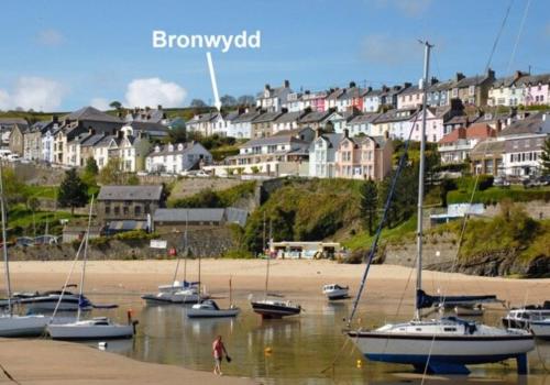 a group of boats sitting in the water on the beach at Bronwydd, large holiday home in seaside town of New Quay in New Quay