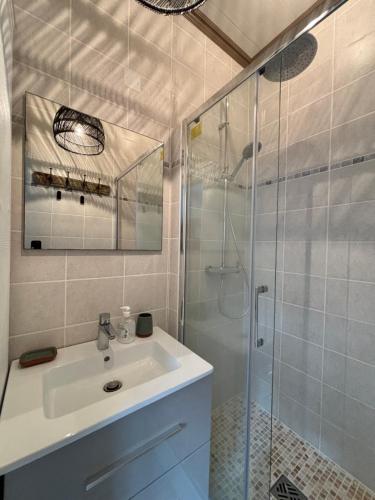 a bathroom with a sink and a glass shower at Joli cocon - Hyper Centre & Très Proche Plage '400m à pied' in Pornichet