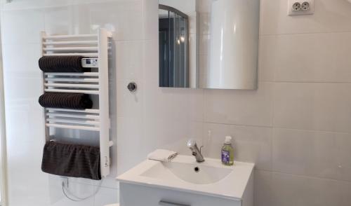 une salle de bain blanche avec un lavabo et un miroir dans l'établissement Studio équipé au sein d'une fermette, à Moncy