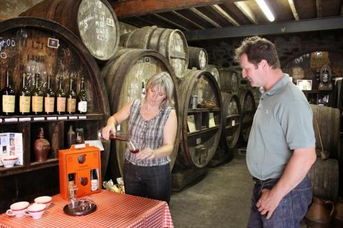 un homme et une femme debout dans une cave à vin dans l'établissement Studio équipé au sein d'une fermette, à Moncy