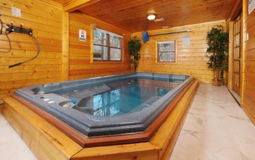 a jacuzzi tub in a room with wooden walls at Skinny Dipping in Gatlinburg