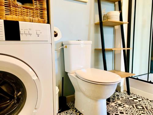 a bathroom with a toilet and a washing machine at Gîte Clair de Lune in Monts-sur-Guesnes