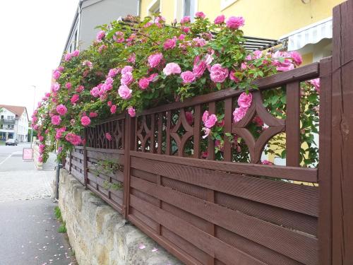 a wooden fence with pink flowers on it at Ferienwohnungen am Hauptplatz in Pirna