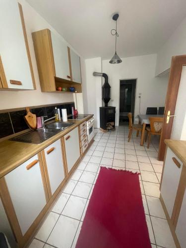 a kitchen with a sink and a red rug at Gemütlich und Fein in Ebenfurth