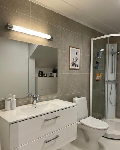 y baño con lavabo, aseo y espejo. en Great 2 bedroom apartment in Tromsø centrum! en Tromsø