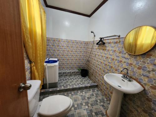 a bathroom with a toilet and a sink and a mirror at Twin Island Beach House in Hinunangan