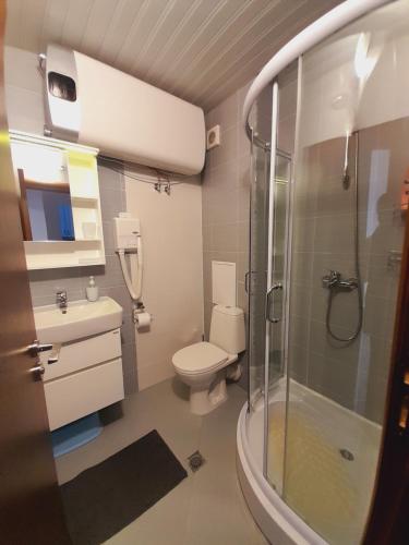 een badkamer met een douche, een toilet en een wastafel bij Belvedere Holiday Club h 305 in Bansko