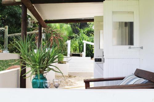 a porch with a bench and a vase with a plant at Arumvale Country Retreat in Swellendam