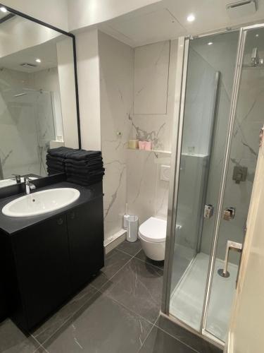 a bathroom with a shower and a sink and a toilet at Luxury apartment Times Square district in Paris