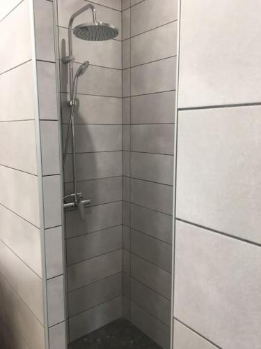 une douche avec une porte vitrée dans une salle de bain dans l'établissement La p’tite Escale des Brias - L’escale des Brias, à Saint-Martin-Lacaussade