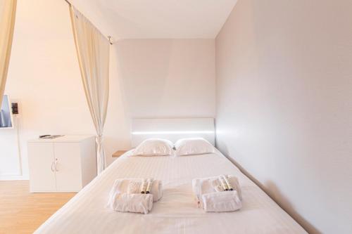 a white bedroom with a bed with two pillows at Studio spacieux proche gare in Angers