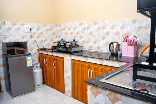 a kitchen with a stove and a counter top at Kica Apartment with Airconditioned bedrooms in Lira, Uganda in Lira