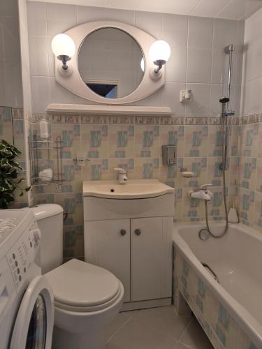 a bathroom with a toilet and a sink and a mirror at Przytulny apartament blisko MOLO GIŻYCKO in Giżycko