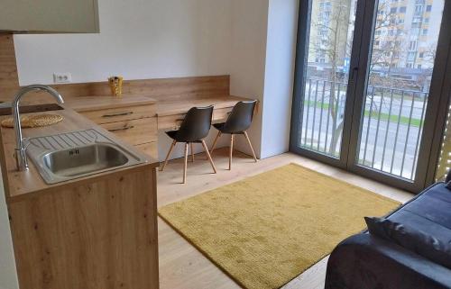 cocina con fregadero y 2 sillas en una habitación en Modern Studio Apartment, en Liubliana