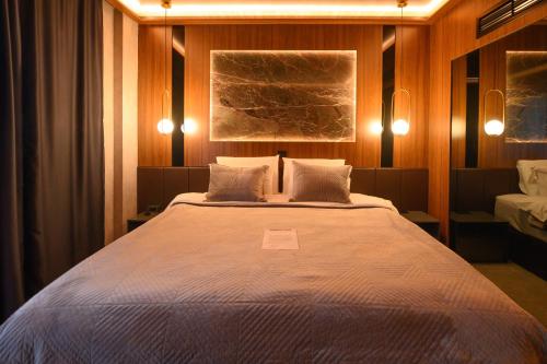 1 dormitorio con 1 cama grande y 2 almohadas en Hotel Macedonia Square, en Skopje