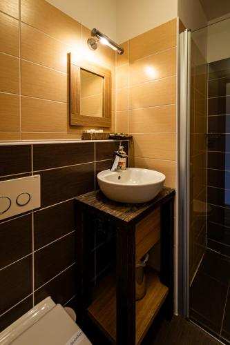 a bathroom with a sink and a toilet at Penzion Víno Hruška in Veselí nad Moravou
