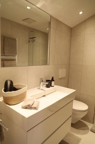 a bathroom with a sink and a toilet and a mirror at Casa QUATTRO FIUMI in Tegna