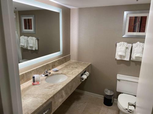 La salle de bains est pourvue d'un lavabo, d'un miroir et de toilettes. dans l'établissement LaGuardia Plaza Hotel, à Queens