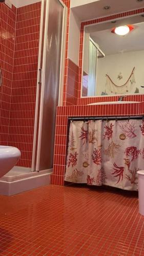 a bathroom with a shower and a sink and a mirror at Casa sul mare in Procchio
