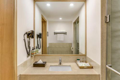 a bathroom with a sink and a mirror at Lemon Tree Premier City Center in Gurgaon