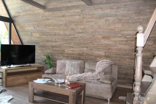 a living room with a couch and a tv at Valea Mosului - Cozy A Frame in Petroşani