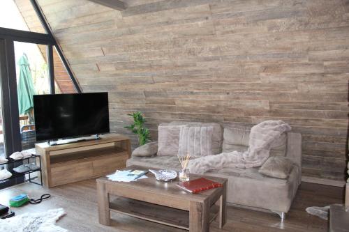 a living room with a couch and a television at Valea Mosului - Cozy A Frame in Petroşani
