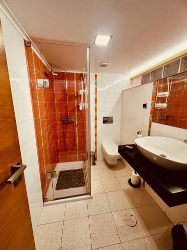 a bathroom with a shower and a sink and a toilet at Nênê House - Casa de Praia by Férias em Figueira in Figueira da Foz