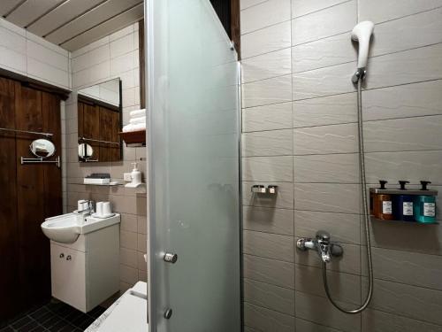 a bathroom with a shower and a sink at 金門 日玥居 古厝民宿 Sunmoon19 B&B in Jinning
